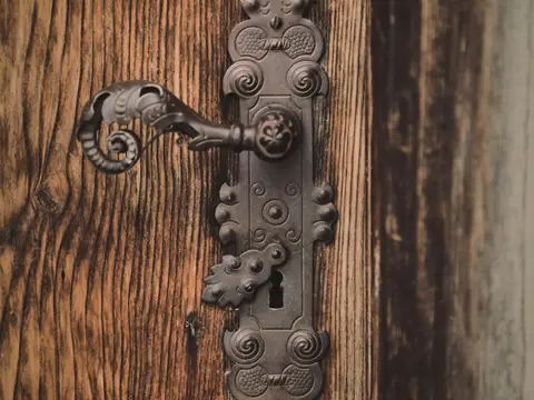 Poignée de porte et plaque de serrure en fer ouvragé sur une porte en bois brun